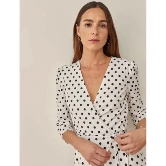 NEW Reformation Hilltop Midi Wrap Dress w/ Sleeves Polka Dot Malta Size S - Picture 5 of 14